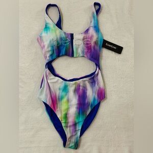 Bebe One Piece Swim Monokini Bathing Suit Zip Rhinestones Crystals Tie Dye S